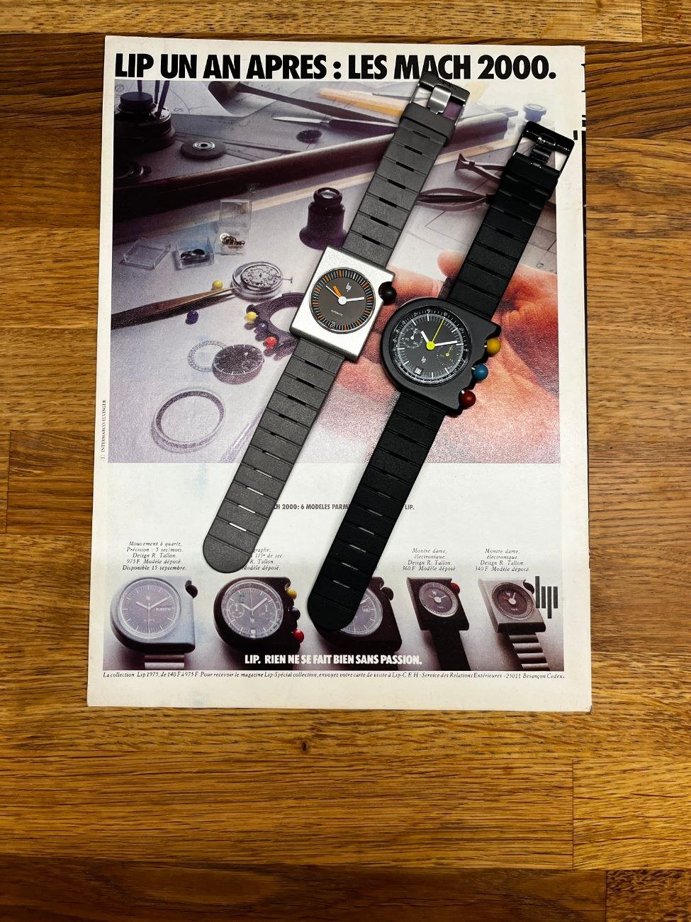 A 1970s Lip advertisement headed 'Lip un an après: les Mach 2000', with two Mach 2000 watches from the collection laid on top of it